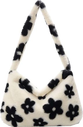 Generic Womens Plush Bags Women Plush Flower Pattern Shoulder Bags Elegant Female Underarm Fur Handbag Furry Fluffy Tote Design(White A)