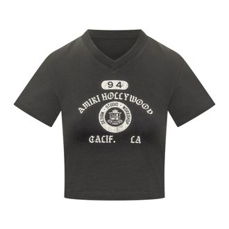 Amiri Tops, Dames, Zwart, S, Katoen, Collegiate V Neck Baby Tee