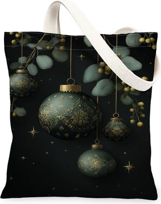 Generic Christmas Ornaments Canvas Tote Bags, Elegant Vintage Design Lightweight Washable Grocery Bags for Holiday Travel Shopping, Dark Green, 13x15 Inch