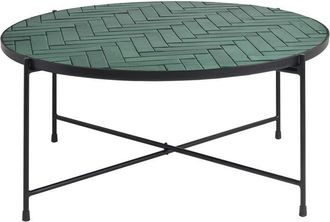 Miliboo Mesa Baja Redonda De Cer&aacute;mica Verde Oscuro Y Metal Negro D80.5 Cm Kotta