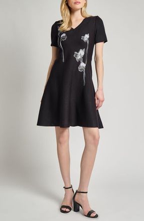 Misook Modern Fit & Flare Embroidery Minidress in Black/White at Nordstrom, Size Xx-Small