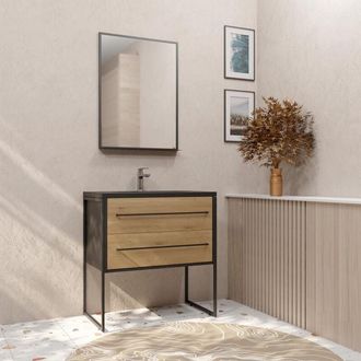Aurlane Aurlane - Mobile da Bagno 80 cm Nero Opaco & Legno 2 Cassetti - Lavabo Nero Effetto Pietra - Specchio