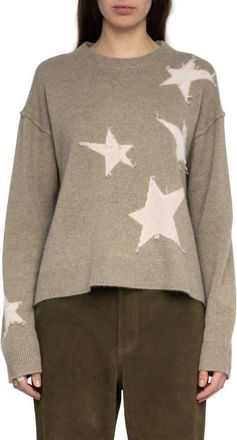 Zadig&Voltaire Markuz Intarsia Star Cashmere Crewneck Sweater in Olive at Nordstrom, Size X-Small