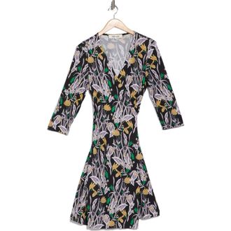 Diane Von F&uuml;rstenberg Julian Long Sleeve Tie Belt Silk Dress in Bali Flower Medium Black at Nordstrom Rack, Size Large