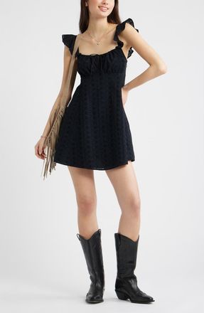 BP. Eyelet Embroidery Flutter Sleeve Minidress in Black at Nordstrom, Size Xx-Small