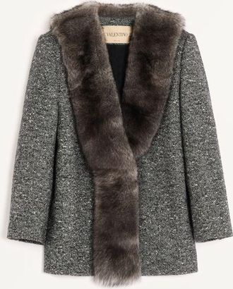 Valentino Single-breasted Chevron Boucl&eacute; Caban with Shearling Wo