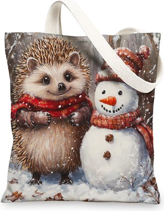 Generic Winter Christmas Hedgehog Canvas Tote Bag for Shopping 13x15, Snowman Xmas Animal Pet Reusable Grocery Print Bag for Women, Holiday Beach Aesthetic Pa