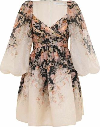 Zimmermann Gebloemde Mini-Jurk met Drapering - Dames - Korte kleedjes - Veelkleurig - S - Linnen - Kleedjes