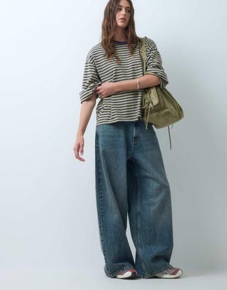 Collusion X007 jeans baggy XL regolabili a vita bassa in blu medio marmorizzato