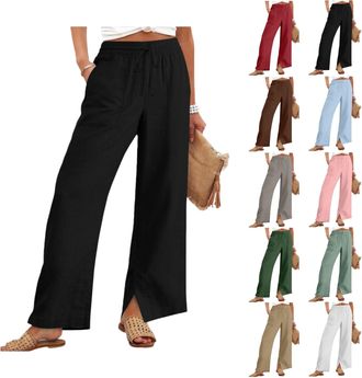 Generic Linen Trousers Womens Straight Leg Trousers Elasticated Waist Drawstring Cotton Palazzo Pants Ladies Casual Pants with Pockets Womens Holiday Clothes 