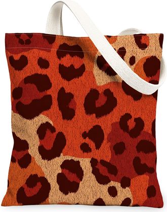 Generic Leopard Print Canvas Tote Bags, Animal Pattern Reusable Grocery Bags, Autumn Vintage Retro Lightweight Washable Shoulder St, Orange, 13x15 Inch
