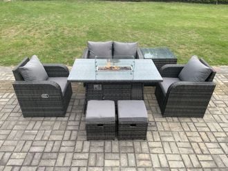 Fimous Rattan Garden Furniture Set Outdoor Patio Gas Fire Pit Dining Table & Chairs with Side Table Loveseat Sofa in Dark Grey