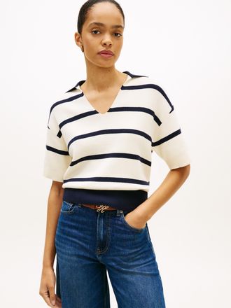 Tommy Hilfiger Strickpullover TOMMY HILFIGER CO FULL NEEDLE POLO SS SWT, Damen, Gr. L (42/44), big stp calico, schwarz n navy, Strick, Obermaterial: 100% Baumwolle, 