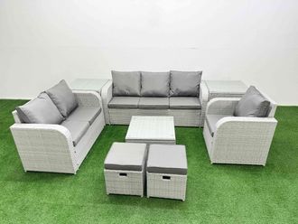 Fimous Patio PE Wicker 8 Seater Outdoor Rattan Furniture Sofa Sets w/ Square Coffee Table Reclining Chair Loveseat Sofa 3 Seater Sofa Stool 2 Side