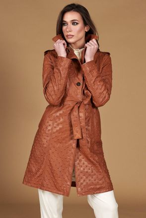 D'Arienzo Cappotto monopetto in pelle color cuoio con cintura stampa borchia DArienzo, Seleziona Taglia S, Colore Cuoio