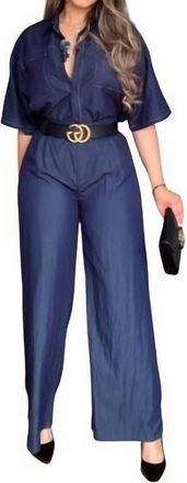 Gracia Wide-Leg Jumpsuit Set With Belted Waist In Blue