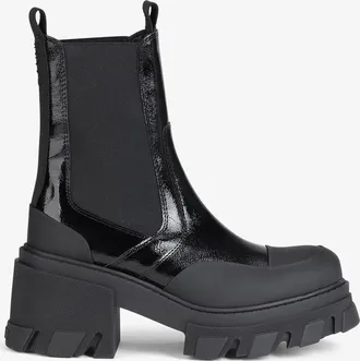 Ganni Cleated Heeled Mid Chelsea Boots in Black Naplack - Size 35
