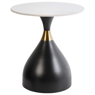 Beliani Beliani - Mesa Auxiliar Tablero De Piedra Sinterizada Blanco Aspecto Natural Base De Metal Negro Detalles Dorados Dise&ntilde;o Moderno &Oslash; 50 Cm Ituna