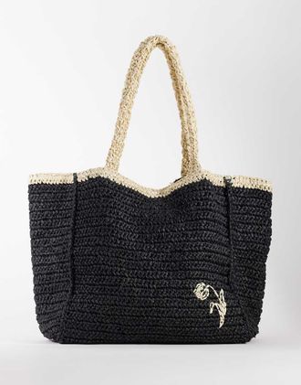 Becks&ouml;ndergaard Maxi borsa premium in paglia nera a contrasto-Nero