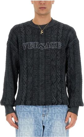 Versace Knit Sweater Stone Washed Serie - Heren - Ronde hals truien - Grijs - M - Katoen - Truien & Vesten