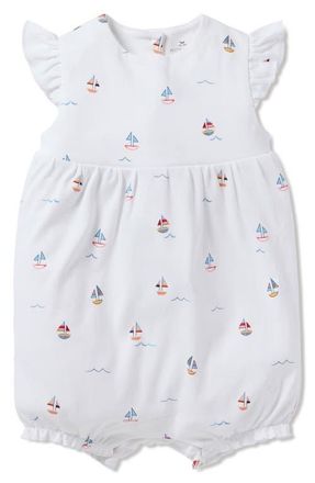 Petite Plume Sailboat Print Pima Cotton Romper in White at Nordstrom, Size 12-18M
