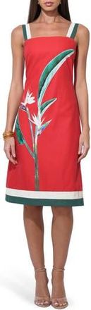 Adelyn Rae Bird of Paradise Print Cotton & Linen Midi Dress in Red at Nordstrom Rack, Size X-Small