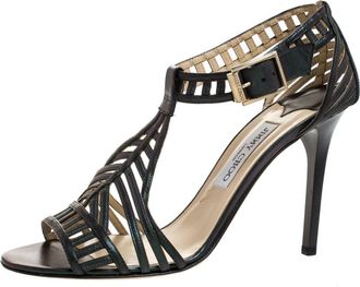 Jimmy Choo London Metallic Dark Green Leather Cutout Open Toe Sandals