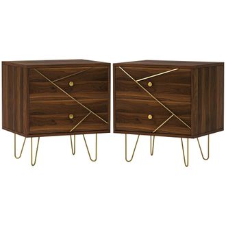 HOMCOM Bedside Tables Set of 2 - Modern Side Table Set with 2 Drawers - Brown | TJ Hughes