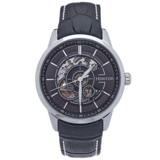 Heritor Davies Semi-Skeleton Leather-Band Watch in Silver/black at Nordstrom