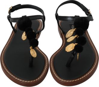 Dolce & Gabbana Black Leather Coins Flip Flops Sandals Womens Shoes