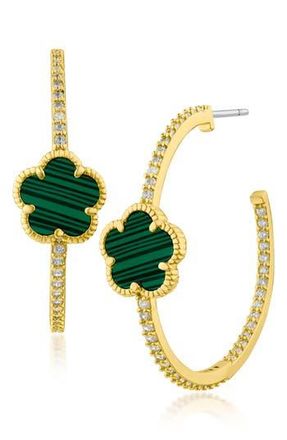 Kenneth Jay Lane CZ Pavé Clover Hoop Earrings in Green/Gold at Nordstrom Rack