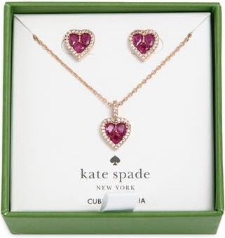 Kate Spade New York spell it out cubic zirconia heart pendant necklace & stud earrings set in Pink. at Nordstrom Rack
