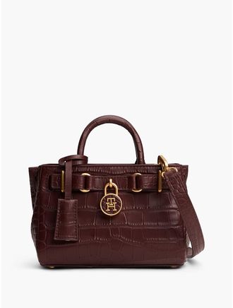 Tommy Hilfiger Womens Croc-Embossed Leather Micro Tote Bag - Oxblood