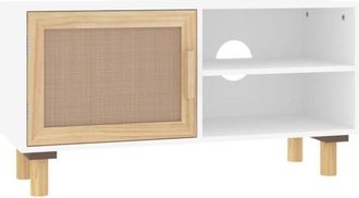 vidaXL TV Cabinet White 80x30x40 cm Solid Wood Pine and Natural Rattan vidaXL