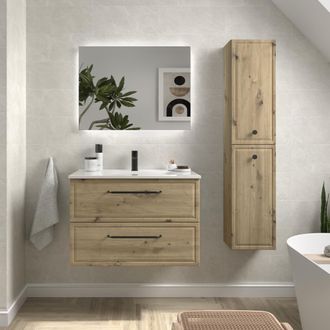 Cygnus Bath Mueble De Ba&ntilde;o Runa 80cm Roble 2 Cajones Lavabo 1 Poza Porcelana