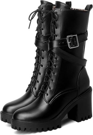 Generic Womens Buckle Detail Tall Riding Boots, Punk Goth Style with Platform Chunky Heel for Winter,Black,6.5 UK