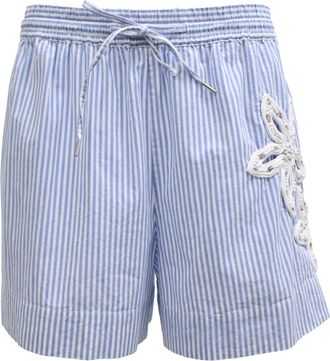 Sandro Sandro Striped Floral-Applique Shorts in Blue Cotton
