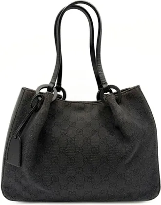 Gucci Black Gg Canvas Leather Handbag Tote Bag (Pre-Owned)