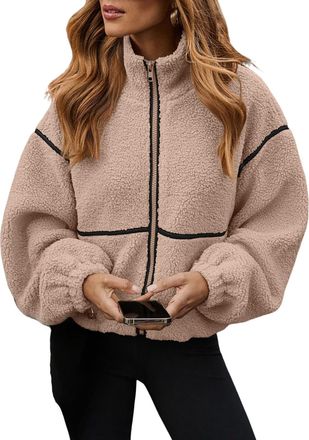 Generic Fleece Jacket Women Sherpa Oversized Zip Up Winter Jackets, Stand Collar Long Sleeve Lightweight Warm Coat (Khaki,S)