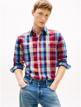 Tommy Hilfiger Mens Regular Madras Check Linen-Blend Shirt - Red/Blue Check - XL