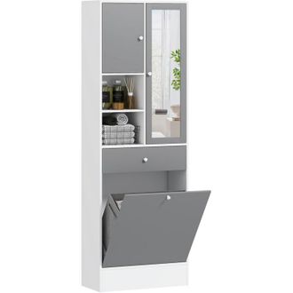 HOMCOM Homcom - Armario De Ba&ntilde;o Con Cesto Ropa Sucia Con Espejo Caj&oacute;n Compartimentos Abiertos Y Estantes Ajustables 62x28,3x181 Cm Blanco Y Gris