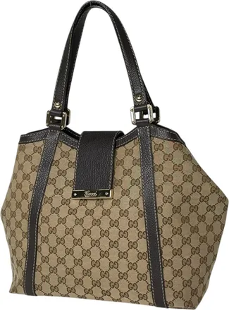 Gucci Gg Canvas Beige Brown Gg Canvas Leather Tote Bag (Pre-Owned)