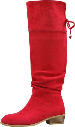 Generic Knee High Boots Women Slouchy Suede Western Cowboy Boots Lace Up Fashion Solid Color Chunky Heel Poitted Toe Ethnic Long Booties Ladies Casual Retro S