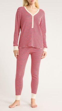 Nordstrom Cotton Blend Waffle Thermal Pajamas in Red Party Stripe at Nordstrom Rack, Size X-Small