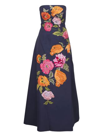 Carolina Herrera floral-embroidered strapless midi dress - women - Silk/Polyester - 6 - Blue