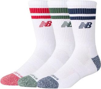 New Balance Unisex Active Premium Stripe Crew Socks 3 Pack in Black/Grey/White Polyester, size Medium