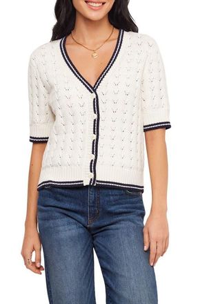 Karen Kane Pointelle Cotton Blend Short Sleeve Cardigan in Off White at Nordstrom, Size X-Large