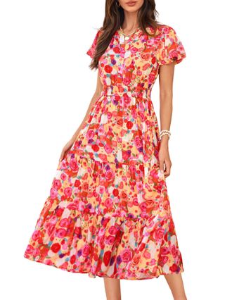 Grace Karin Women Short Sleeve Summer Dress Maxi Floral Dress V Neck A Linie Sundress Wedding Pink Yellow M