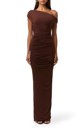 Naked Wardrobe Ruched Off the Shoulder Maxi Dress in Chocolate at Nordstrom, Size X-Small