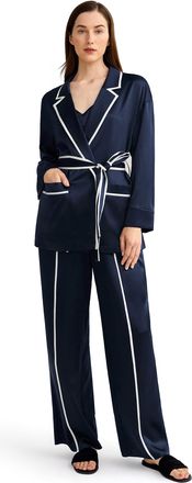 LilySilk 3pc Silk Pyjamas Set with Robe for Women Camisole Pyjama Set Long Pant Sleeping Mulberry Silk Sleepwear Summer Ladies Contrast Color (Navy Blue,S)
